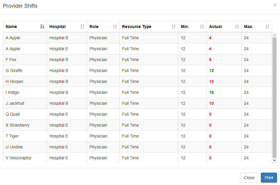 Provider Shift Report